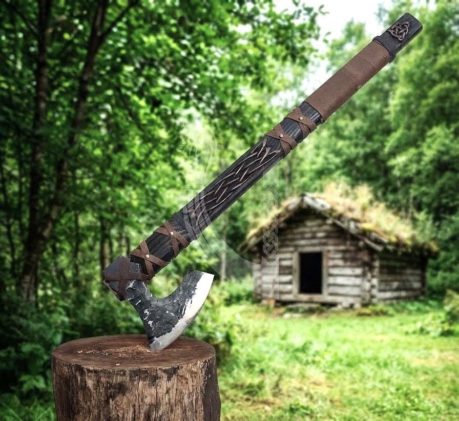 Ragnar-Inspired Viking Axe | Hand-Forged Knotwork Carved Ashwood