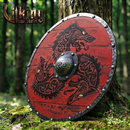The Crimson Wolf Hand-Painted Triple-Wolf Viking Shield
