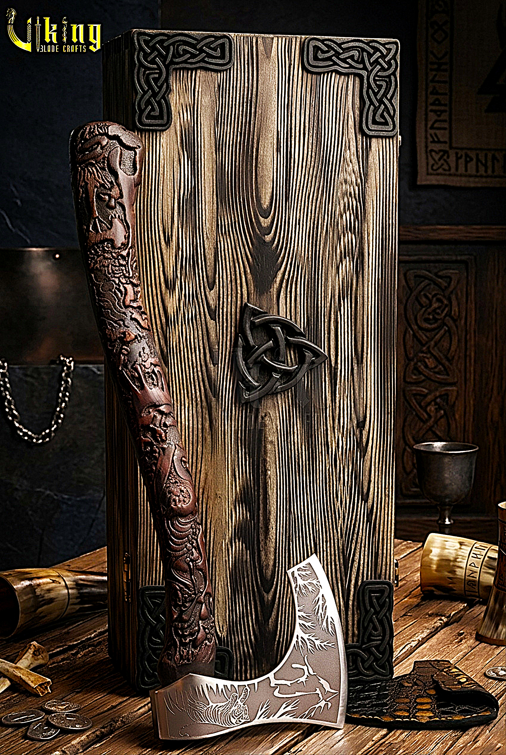 animal themed Viking axe with detailed wood carving