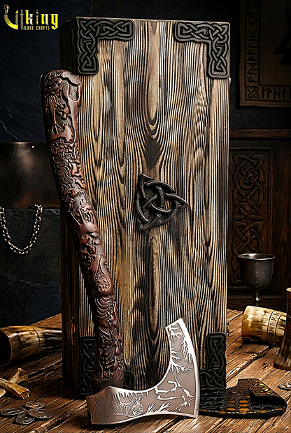 animal themed Viking axe with detailed wood carving