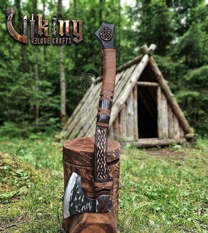 Jelling-Style Viking Bearded Axe 30" | Curved Carved Haft & Flat Poll