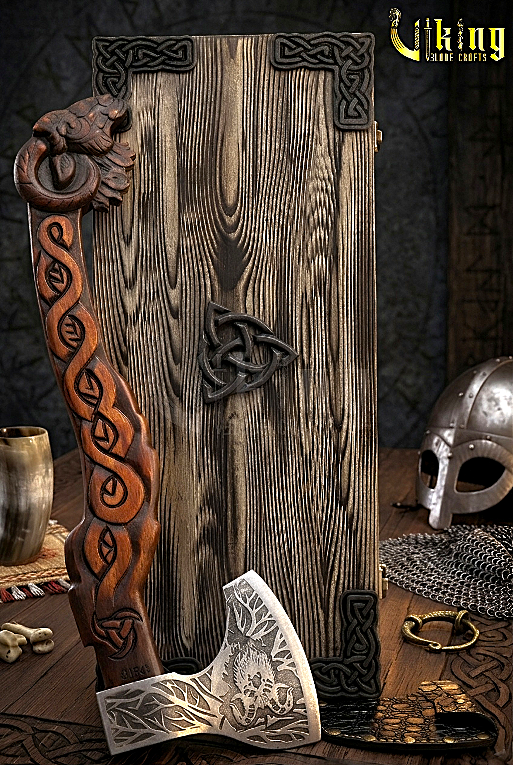 Norse mythology axe with goat symbol and leather sheath