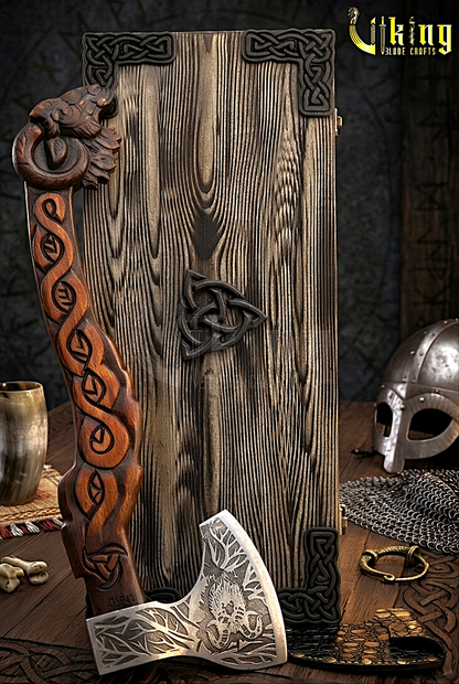 Norse mythology axe with goat symbol and leather sheath