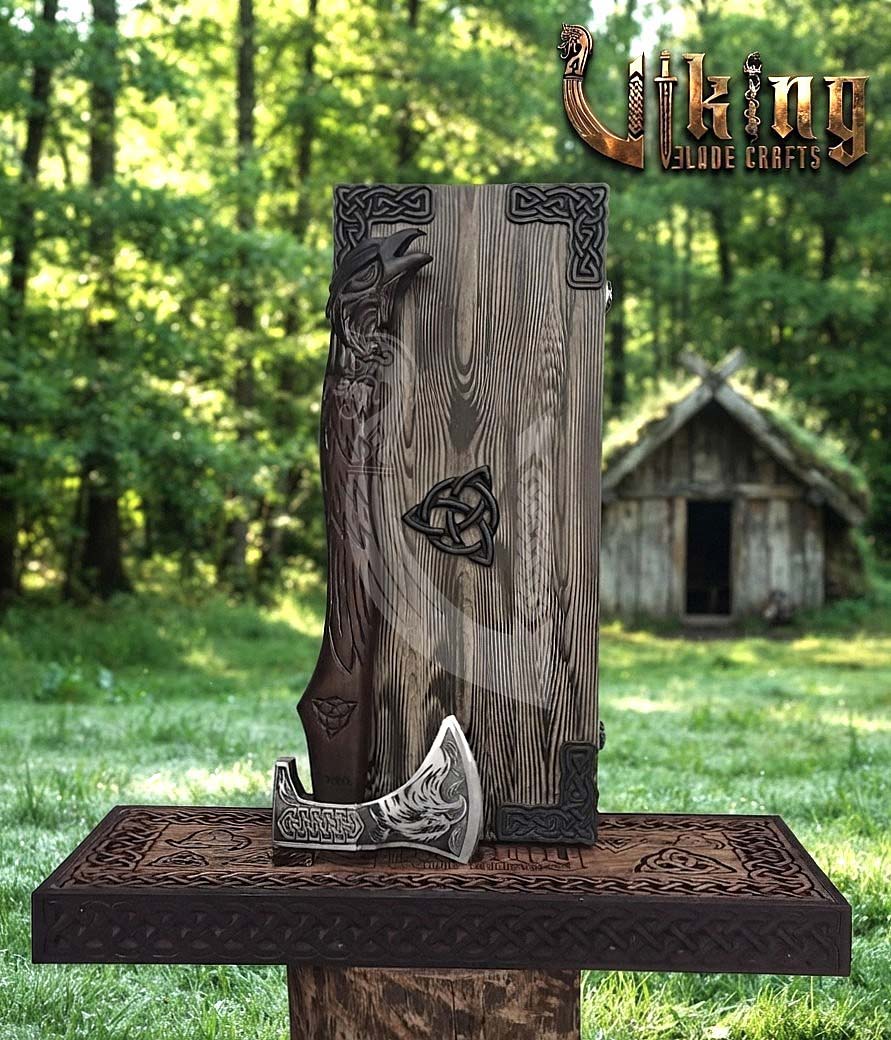Huginn Muninn Viking Axe | Raven Carved Handle | Forged Steel