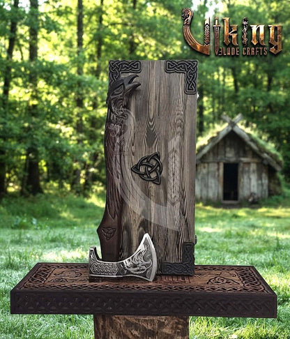 Huginn Muninn Viking Axe | Raven Carved Handle | Forged Steel