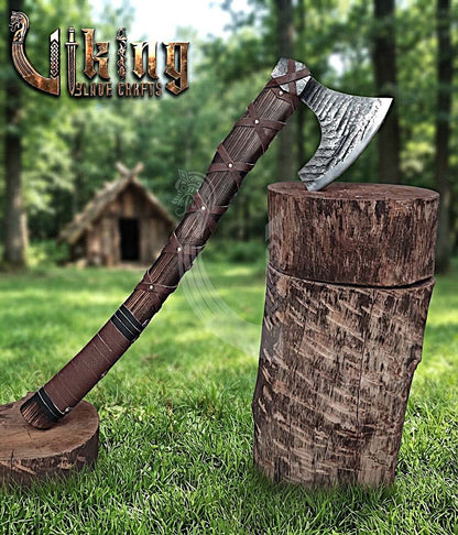 True Hand-Forged Viking Bearded Axe 30" | Leather-Wrapped Upswept Skeggøx