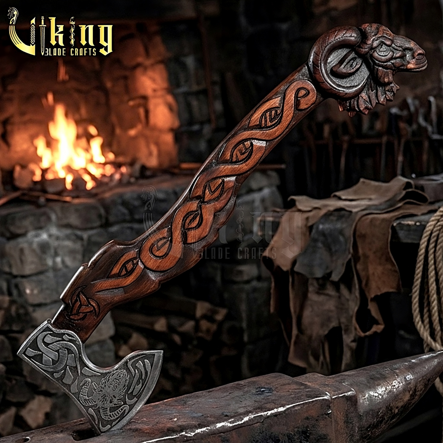 Geit Norse axe with hand carved goat totem handle and forged steel blade