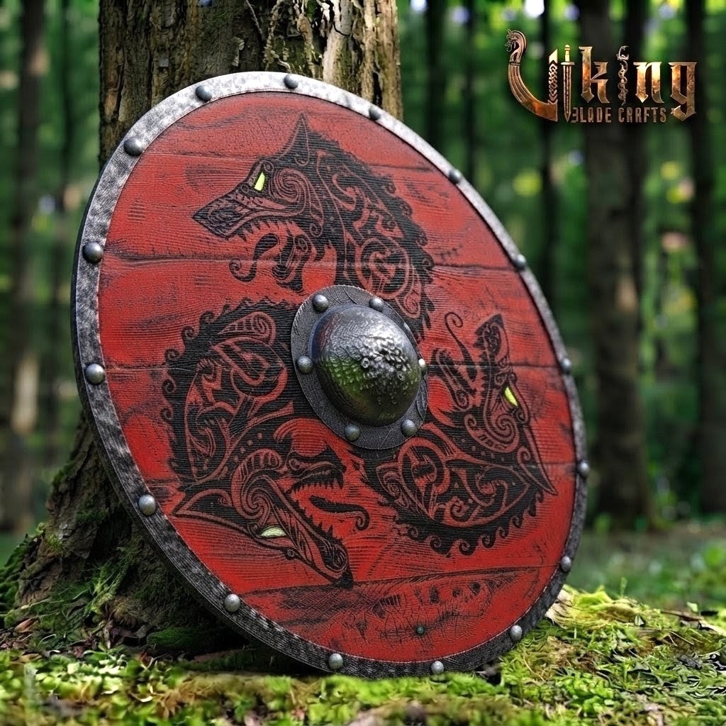 The Crimson Wolf Hand-Painted Triple-Wolf Viking Shield