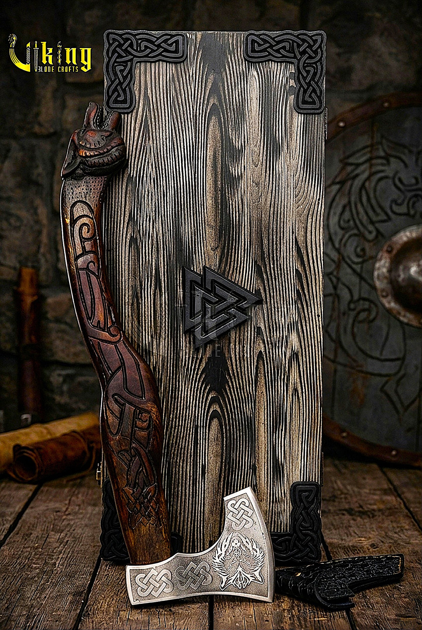 handcrafted Viking axe with detailed wolf head carving