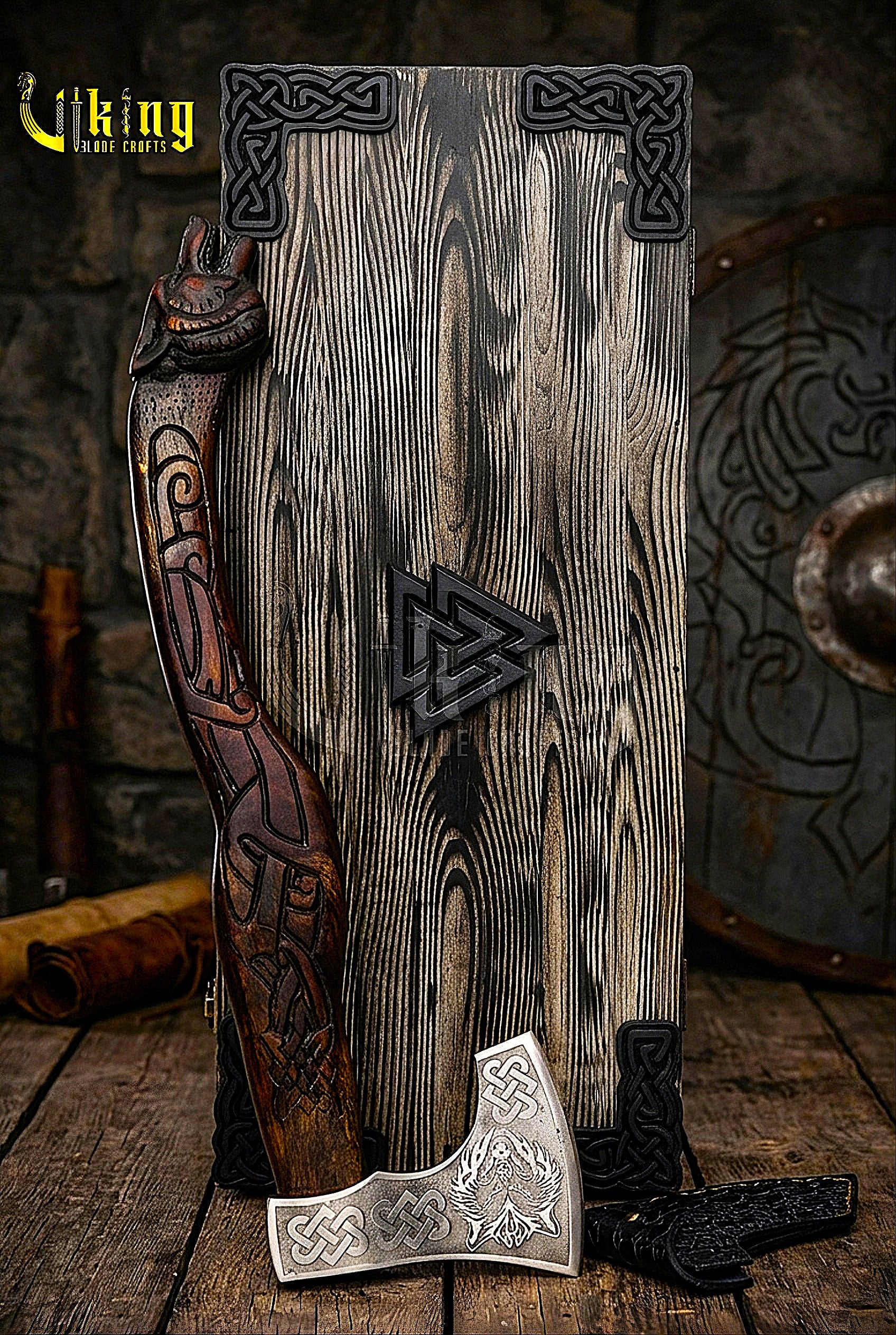 handcrafted Viking axe with detailed wolf head carving