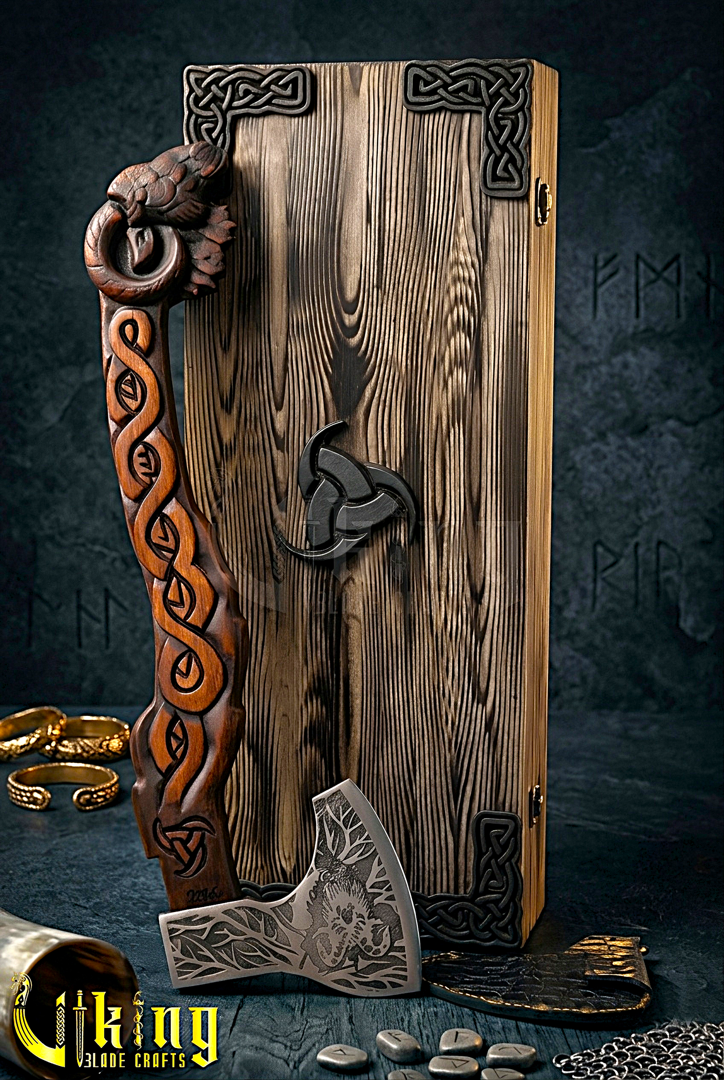 Viking goat axe representing Thor chariot goats with carved grip