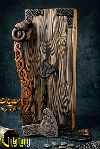 Viking goat axe representing Thor chariot goats with carved grip