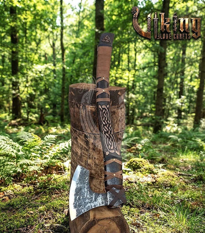 Jelling-Style Viking Axe 30" | Hand-Forged Bearded Axe with Carved Ashwood