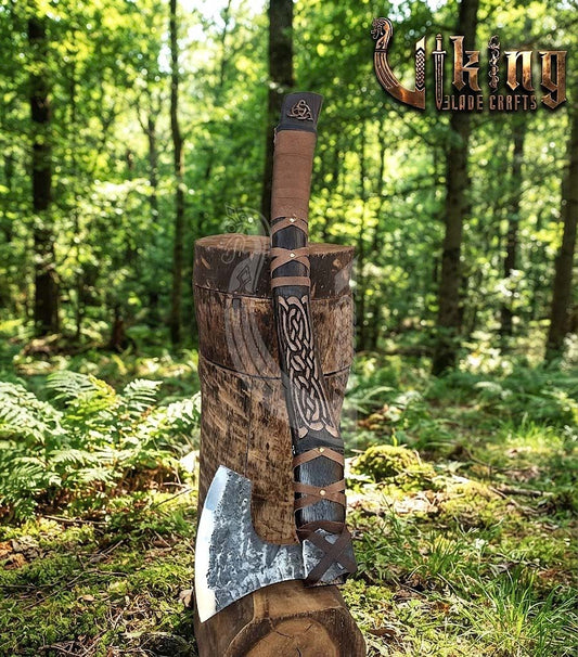 Jelling-Style Viking Axe 30" | Hand-Forged Bearded Axe with Carved Ashwood