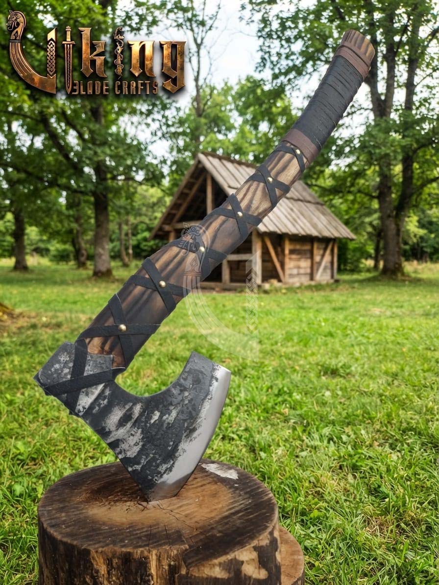 True Hand-Forged Viking Bearded Axe 30" | Leather-Wrapped Hooked Skeggøx
