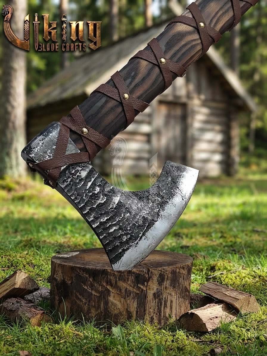 True Hand-Forged Viking Bearded Axe 30" | Leather-Wrapped Fanned Skeggøx
