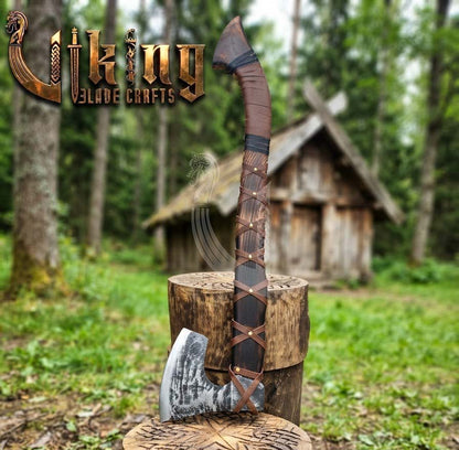 True Hand-Forged Viking Bearded Axe 30" | Leather-Wrapped Recurve Skeggøx