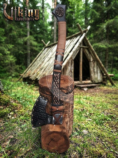 Jelling-Style Viking Bearded Axe 30" | Curved Carved Haft & Flat Poll