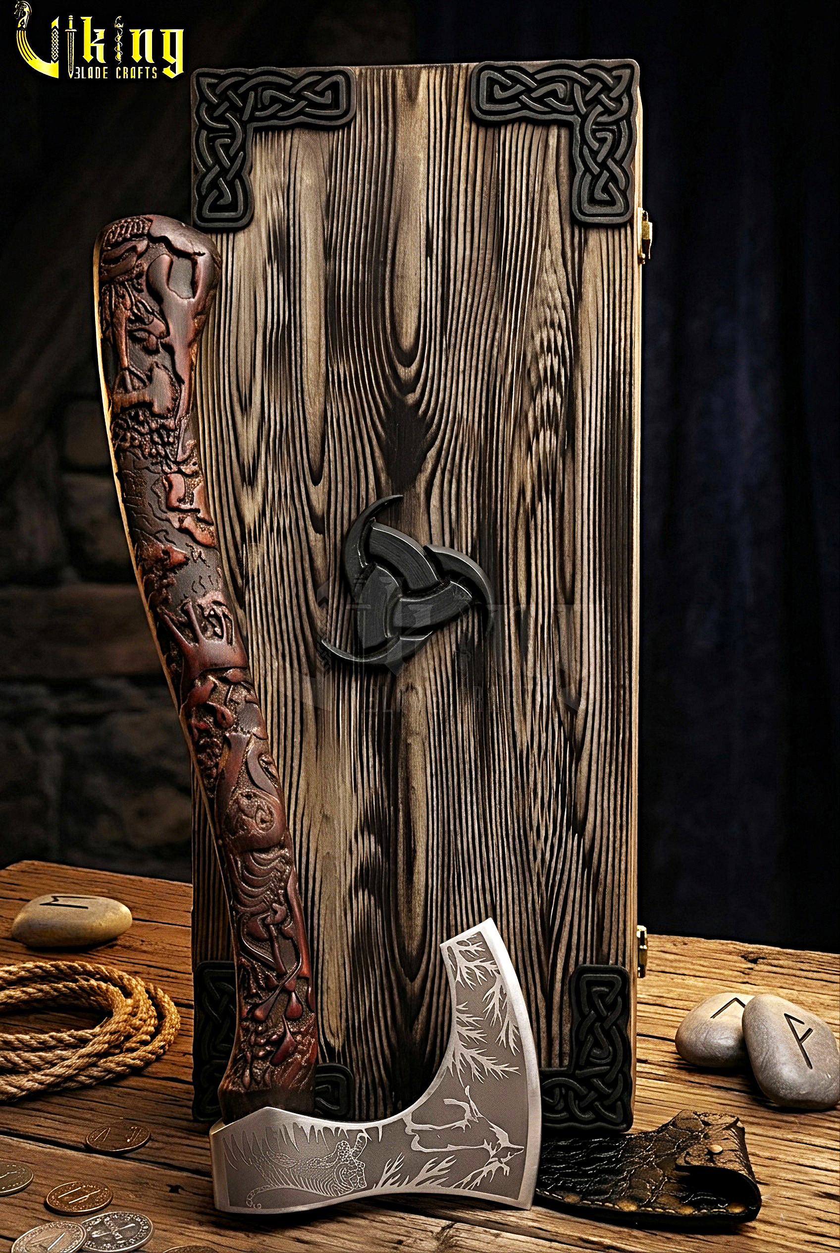 artisan Viking axe with natural carving and leather sheath