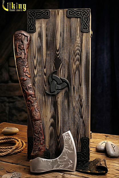 artisan Viking axe with natural carving and leather sheath