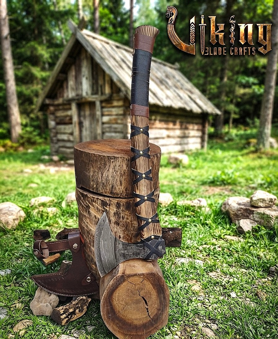 Ragnar-Inspired Damascus Viking Axe | Curved Ashwood Leather-Wrapped