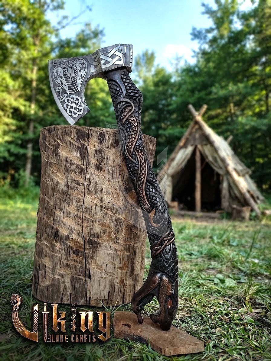 Hand-Forged Norse Serpent Carved Rosewood Axe 23" | Serpent Etched