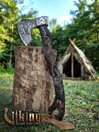 Hand-Forged Norse Serpent Carved Rosewood Axe 23" | Serpent Etched