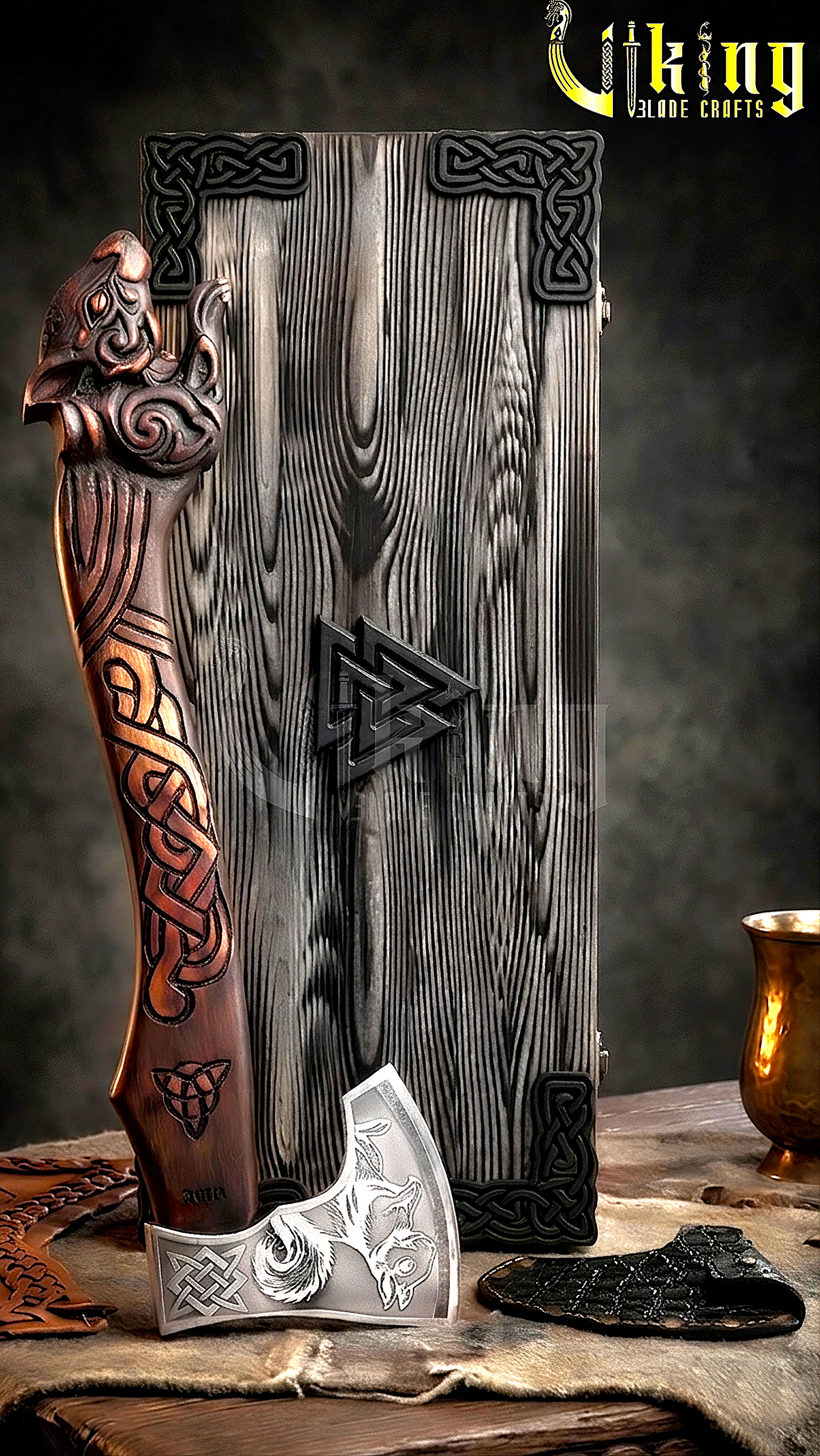 Norse Ratatoskr axe with carved wooden handle and steel blade