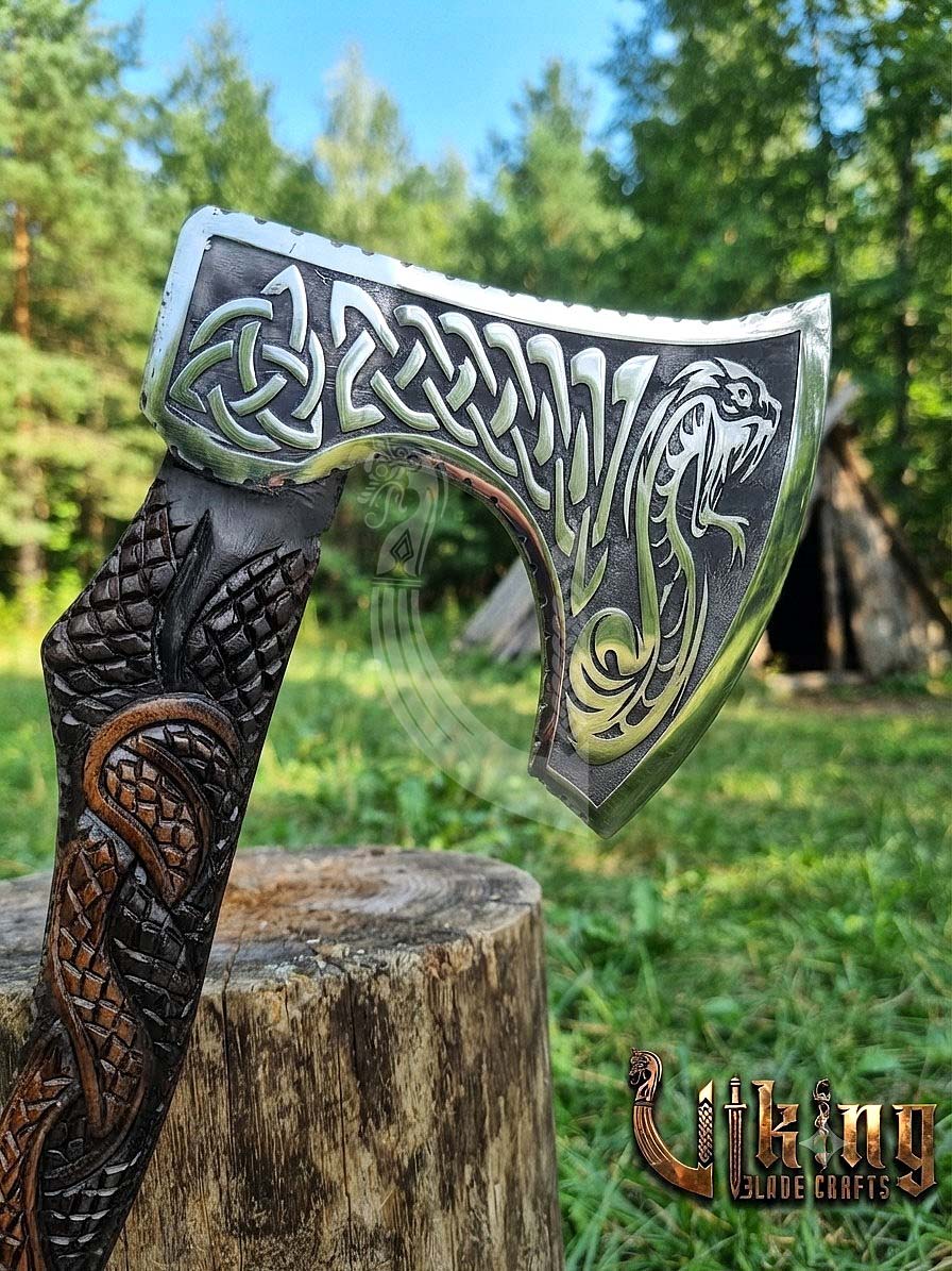 The Jormungandr Wrath 23" Hand-Forged Norse Serpent Carved Rosewood Axe