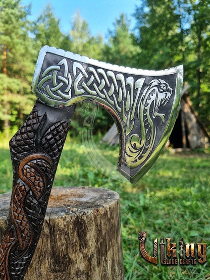 The Jormungandr Wrath 23" Hand-Forged Norse Serpent Carved Rosewood Axe