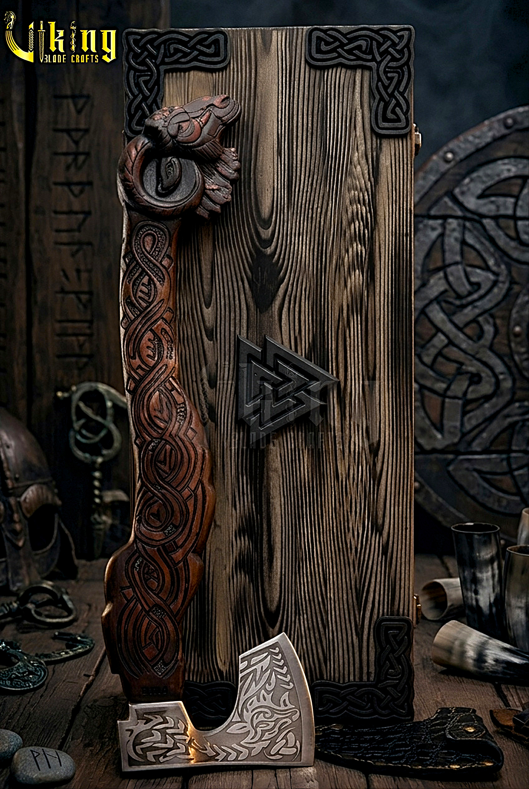 artisan hand carved Viking axe with goat handle and steel blade