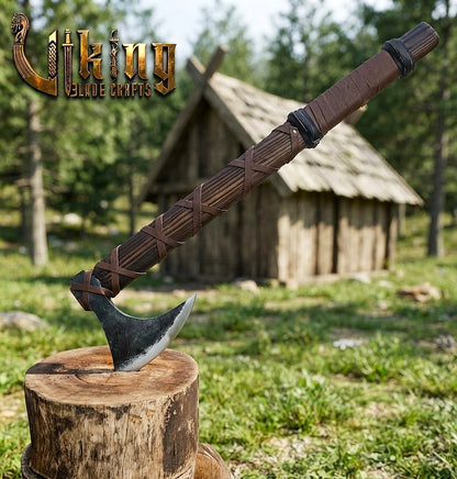 Ragnar-Inspired Viking Bearded Axe | Dark Brown Leather-Wrapped