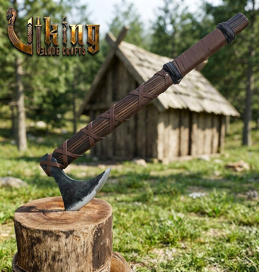 Ragnar-Inspired Viking Bearded Axe | Dark Brown Leather-Wrapped