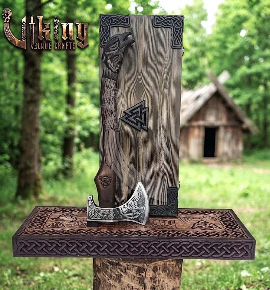Huginn Muninn Viking Axe | Raven Carved Handle | Forged Steel