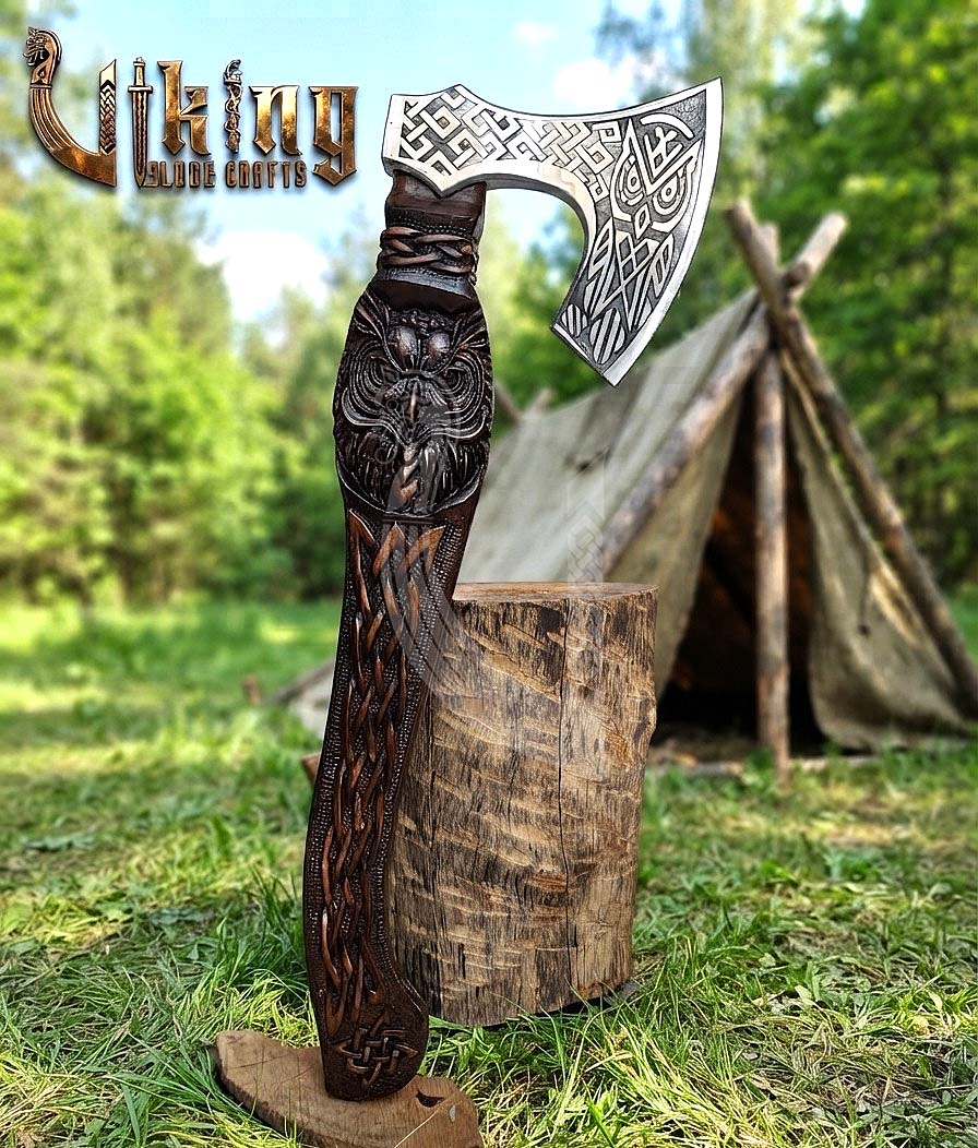 Norse Owl 23" Rosewood Axe | Hand-Forged & Carved Viking Axe