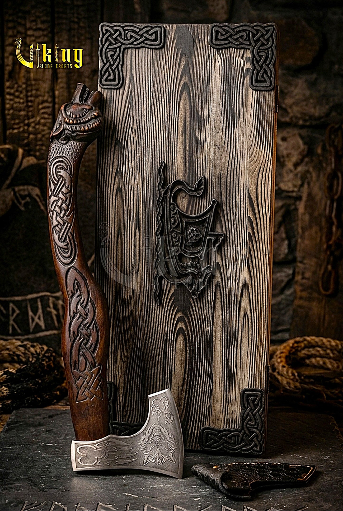 Viking battle axe with custom carved wood handle and sheath