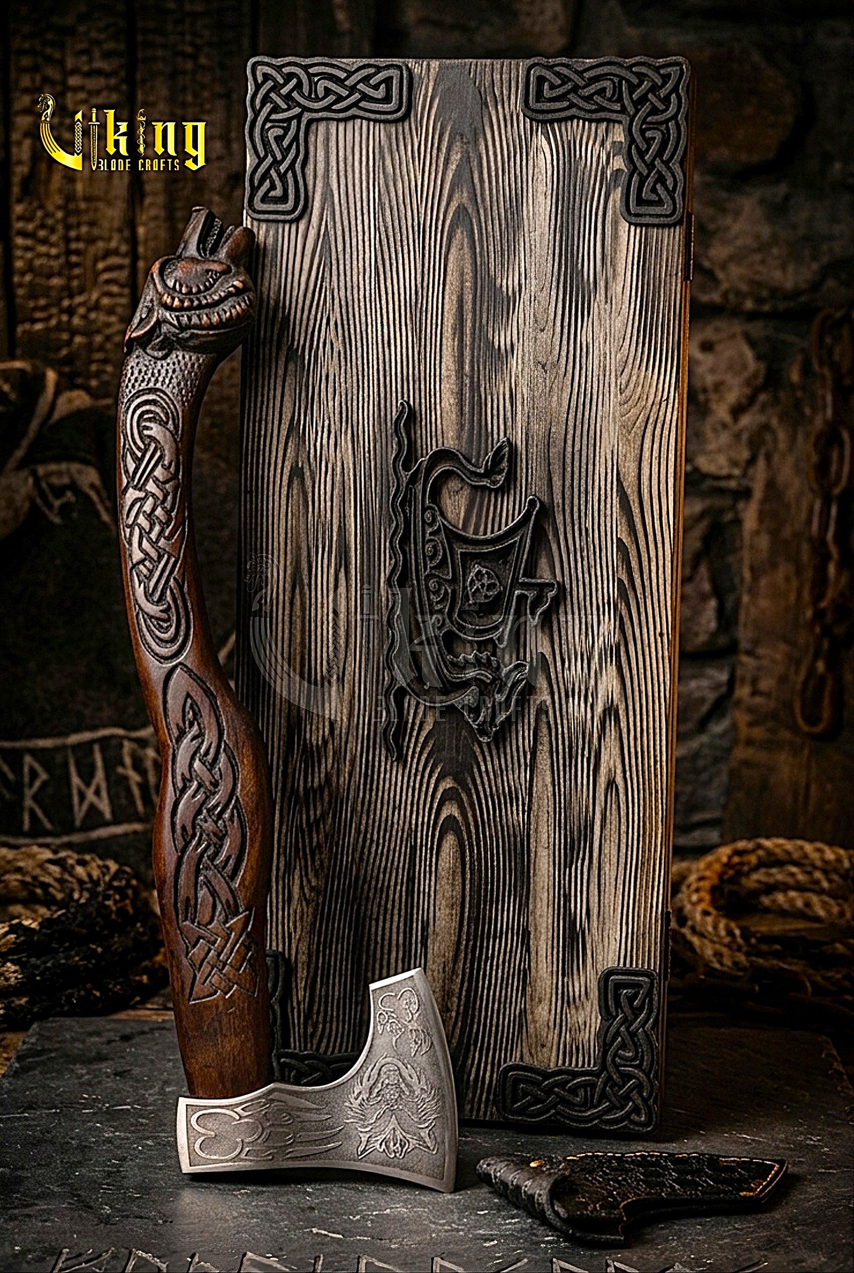 Viking battle axe with custom carved wood handle and sheath