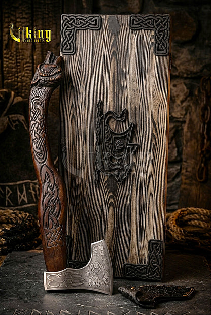 Viking battle axe with custom carved wood handle and sheath