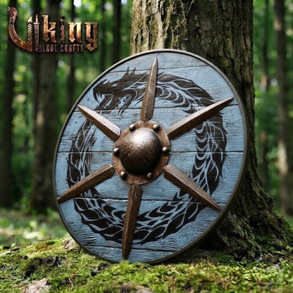 The Ocean-Coiler Hand-Rendered Jörmungandr Blue Viking Shield