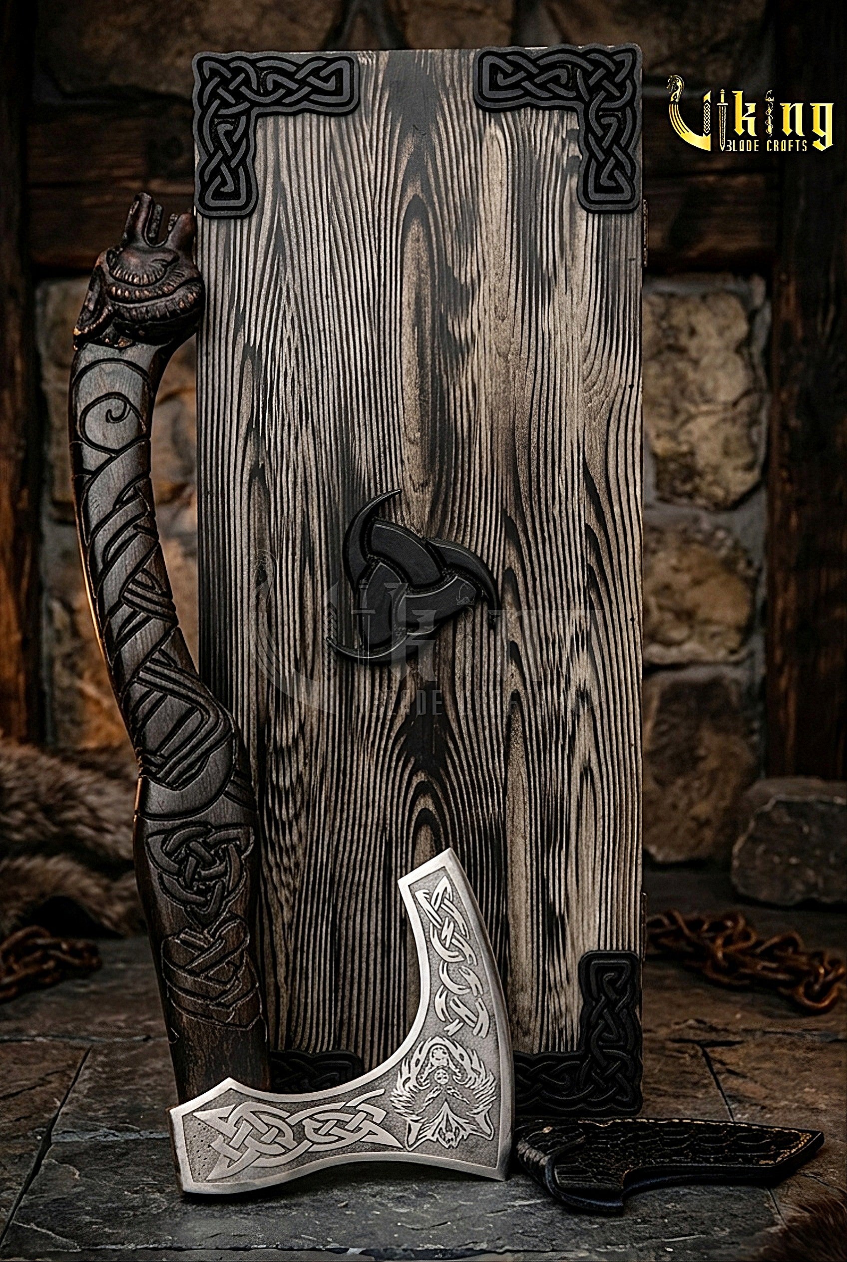 Viking wolf axe with leather sheath and carved grip