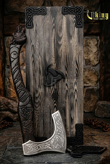 Viking wolf axe with leather sheath and carved grip