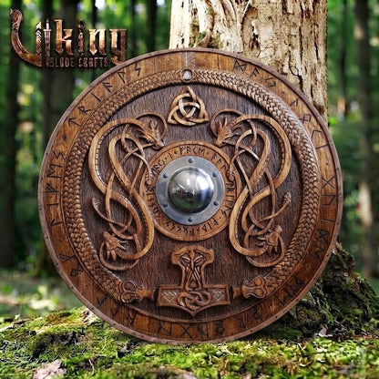 The Thunderer’s Bastion: Mjölnir & Twin Dragon Relief Viking Shield