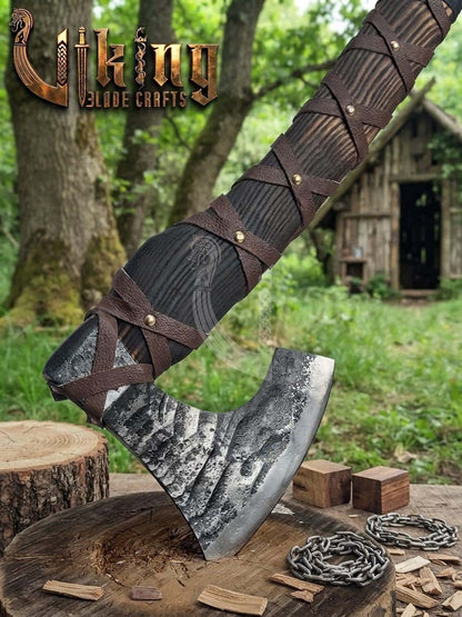 True Hand-Forged Viking Bearded Axe 30" | Leather-Wrapped Fanned Skeggøx