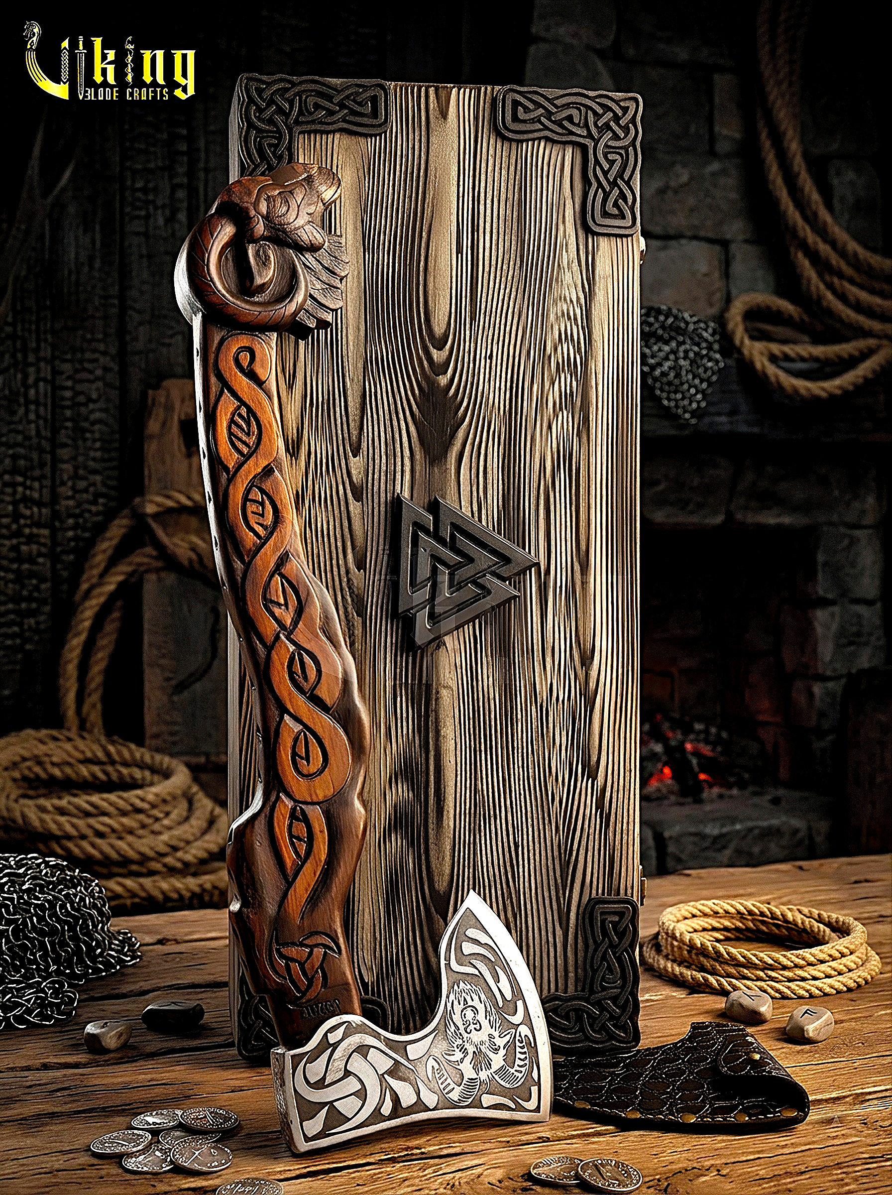 collectible Norse axe with goat head carving and premium finish