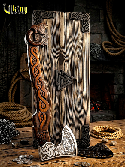 collectible Norse axe with goat head carving and premium finish