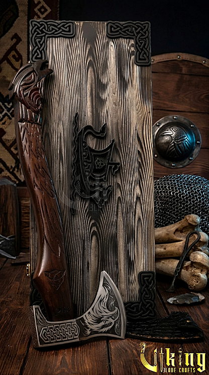 hand carved raven handle Viking axe inspired by Huginn and Muninn