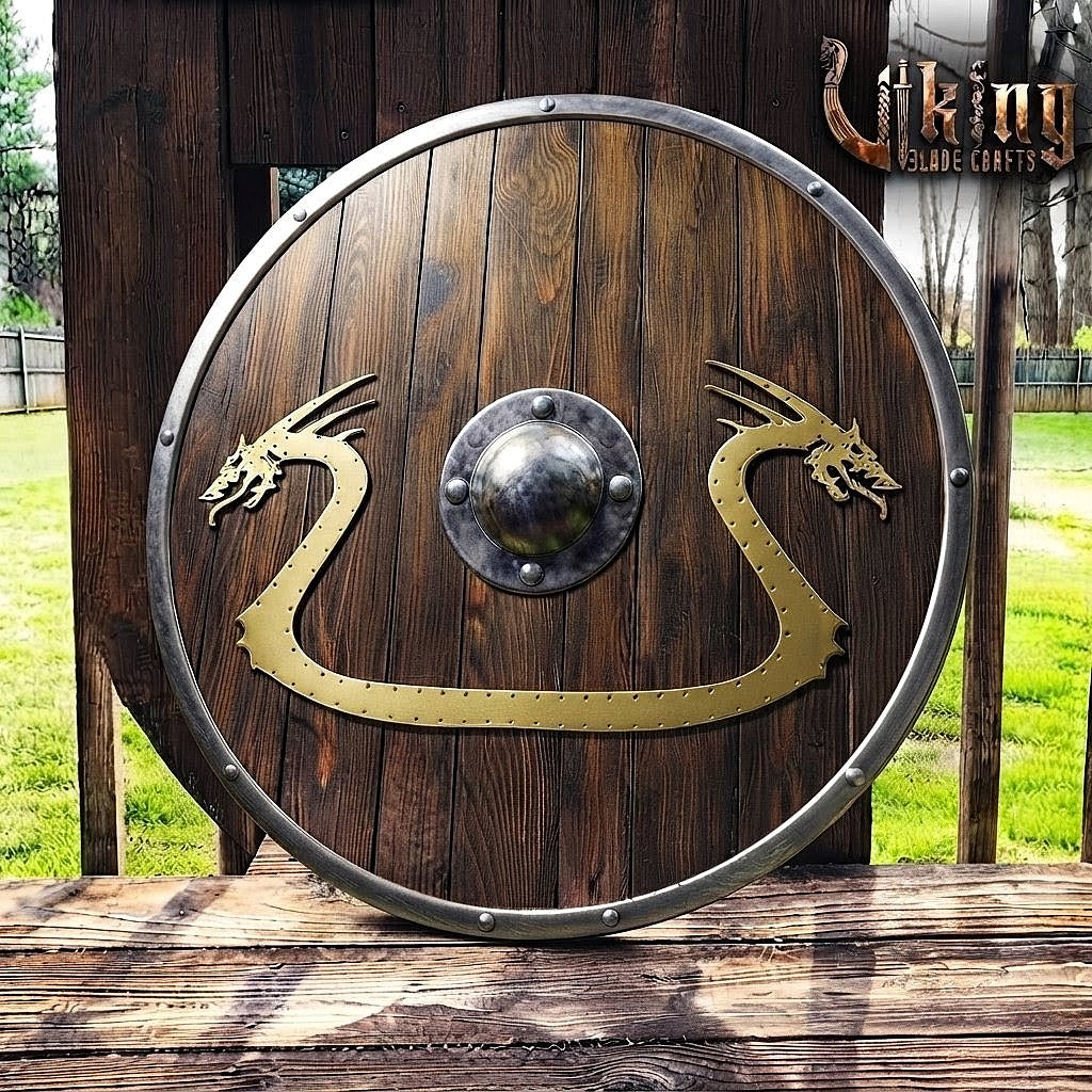 The Níðhöggr Crescent Dual-Dragon Metal-Overlaid Viking Shield