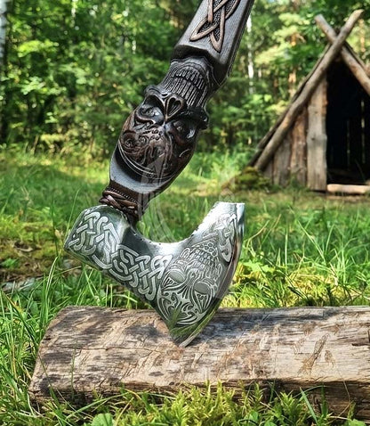Hand-Forged 23" Norse Skull Carved Rosewood Axe | Skull Etched