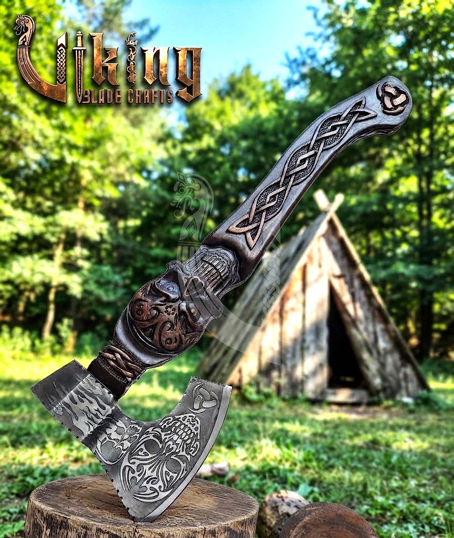 The Garmr’s Howl 23" Hand-Forged Skull Carved Rosewood Axe