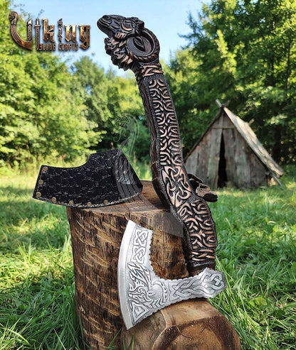 Hand-Forged 23" Norse Goat Carved Rosewood Axe | Goat Etched